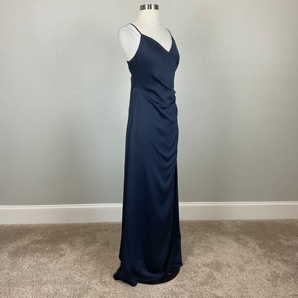 AQUA Satin Cut Out Back Evening Gown Blue Size 6 Sleeveless Thigh Slit Formal - Picture 3 of 12
